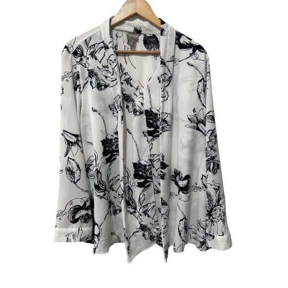 Chico's Bloom Floral Sketch Scarf Layered Blouse Black White Size Large - Picture 1 of 12